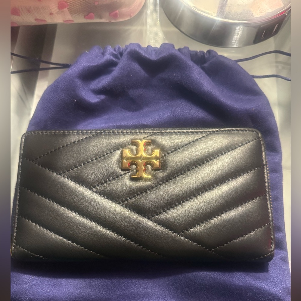 Tory Burch Black Quilted Wallet with Gold Logo